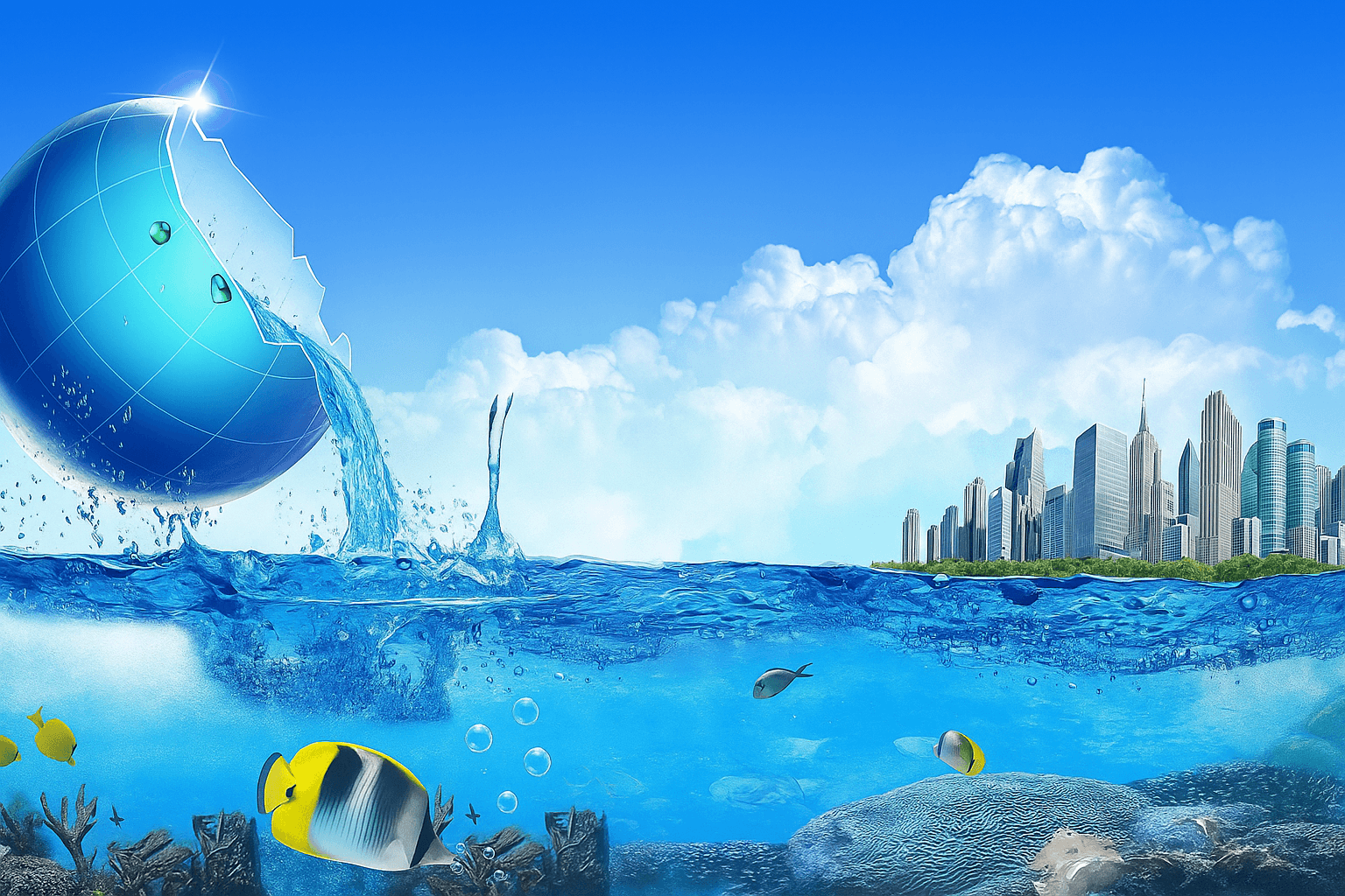 A blue globe pouring water beside a city skyline and an underwater reef