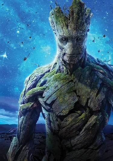 Groot against a glowing blue background