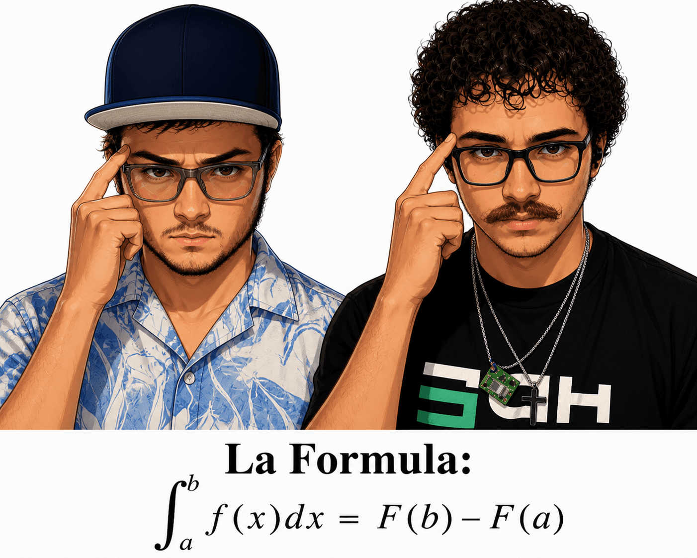 Two illustrated people pointing at their temples above a calculus formula