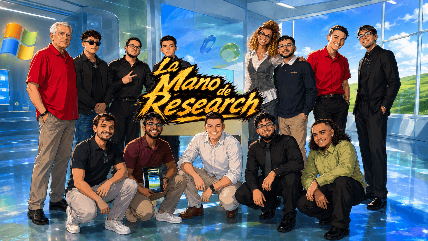 Illustrated group portrait in a blue glass room with the words La Mano de Research