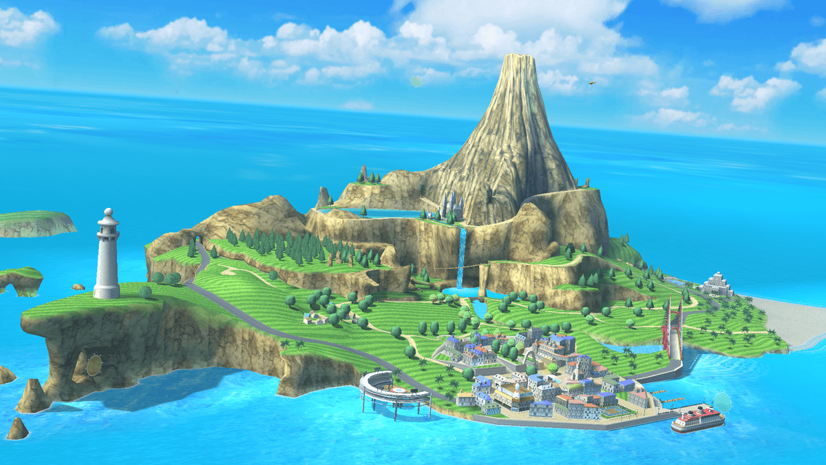 Wuhu Island surrounded by blue water, with a volcano, lighthouse, and coastal town