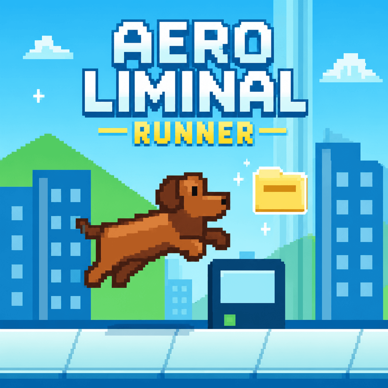 Aero Liminal Runner pixel-art logo with a dachshund running through Aero City