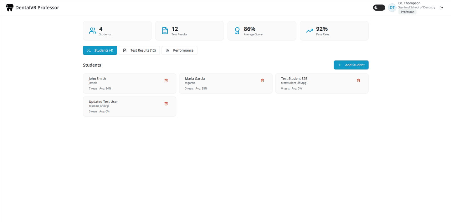 Professor Dashboard Page