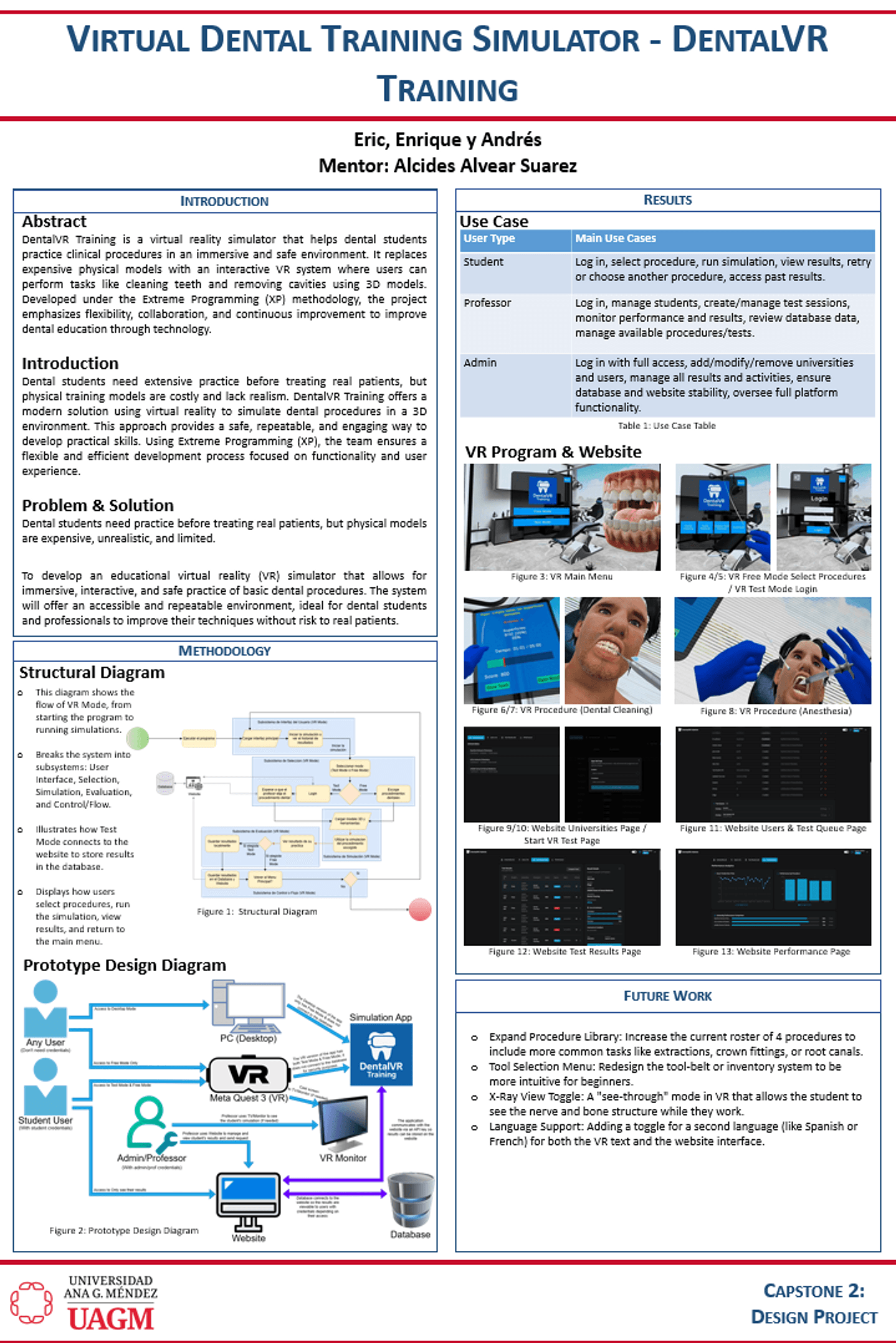 DentalVR Training academic poster with system diagrams, VR and website screenshots, and project results