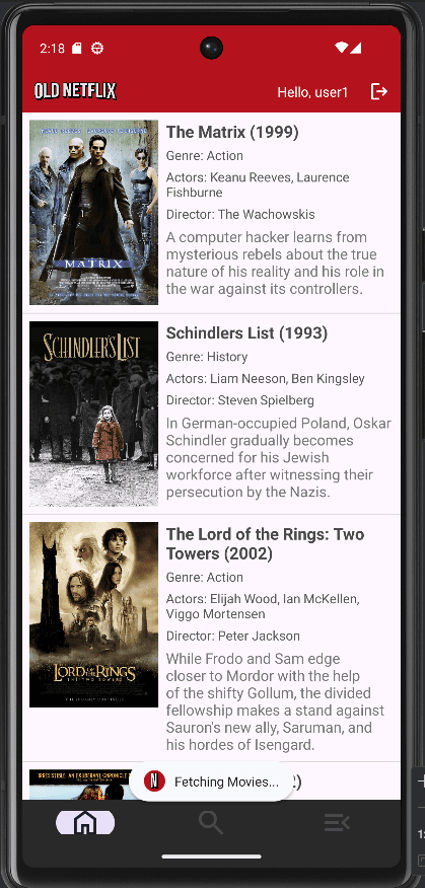 Old Netflix Android catalog listing The Matrix, Schindler's List, and The Lord of the Rings.