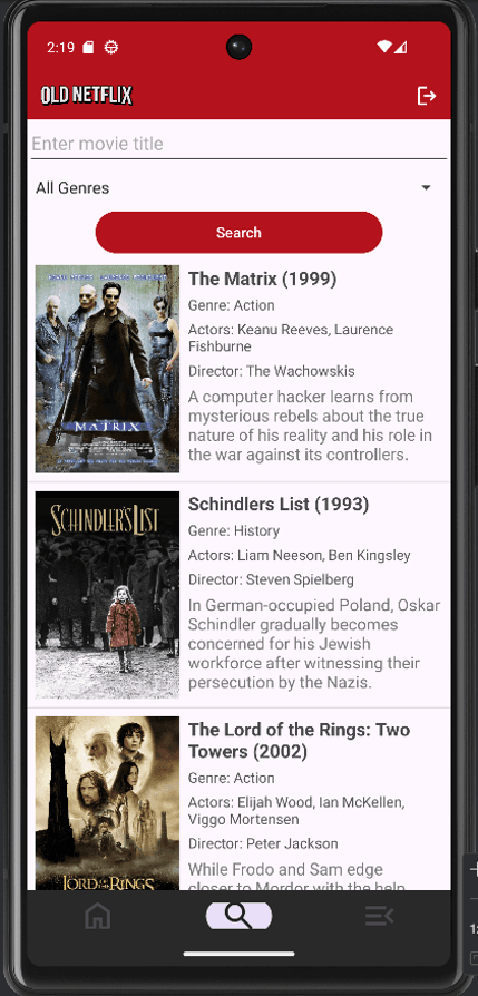Old Netflix Android search screen showing all genres and movie results.