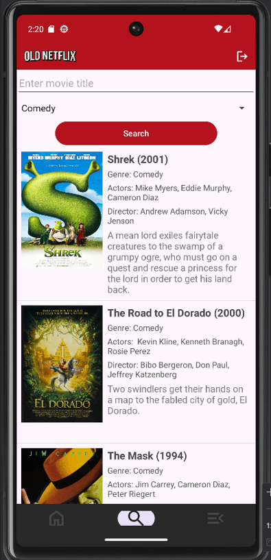 Old Netflix Android comedy search results featuring Shrek, The Road to El Dorado, and The Mask.