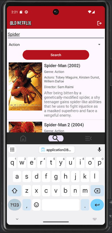 Old Netflix Android title search for Spider showing Spider-Man results.