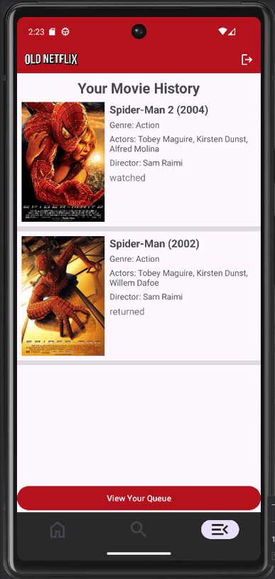 Old Netflix Android movie history showing Spider-Man and Spider-Man 2.