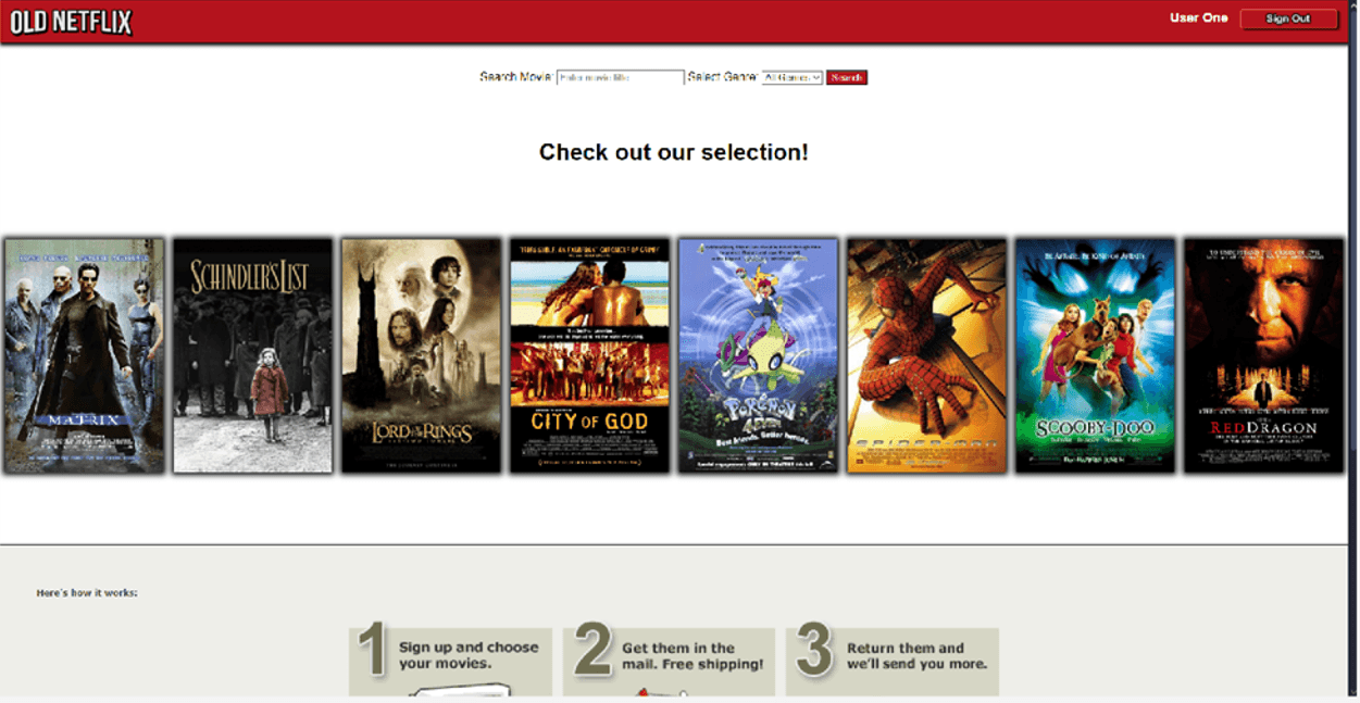 Old Netflix website home catalog displaying a row of movie posters.