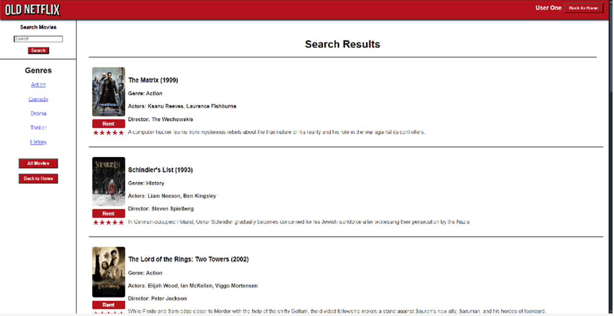 Old Netflix website search results showing The Matrix, Schindler's List, and The Lord of the Rings.