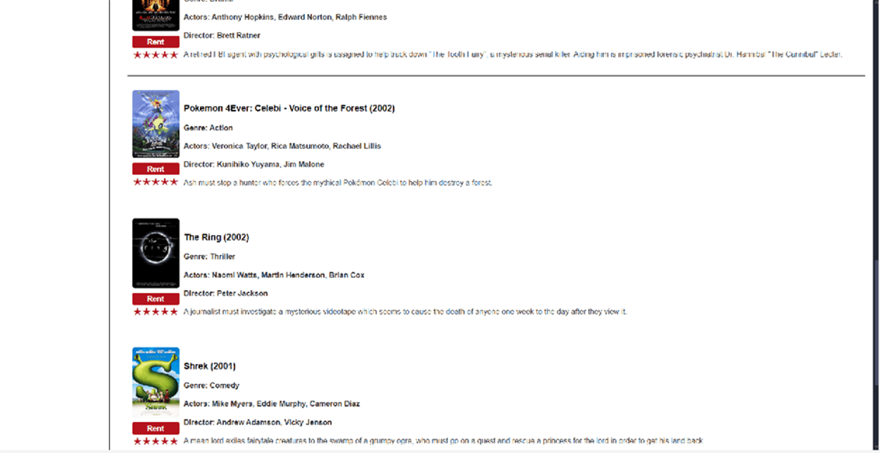 Old Netflix website search results showing Pokemon 4Ever, The Ring, and Shrek.