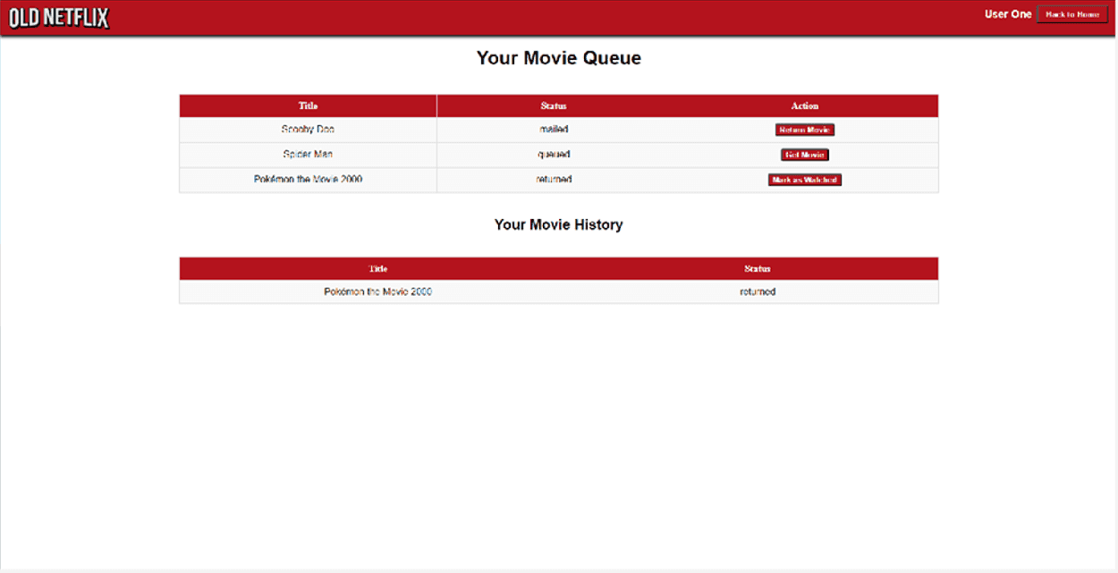 Old Netflix website page showing a user's movie queue and movie history tables.