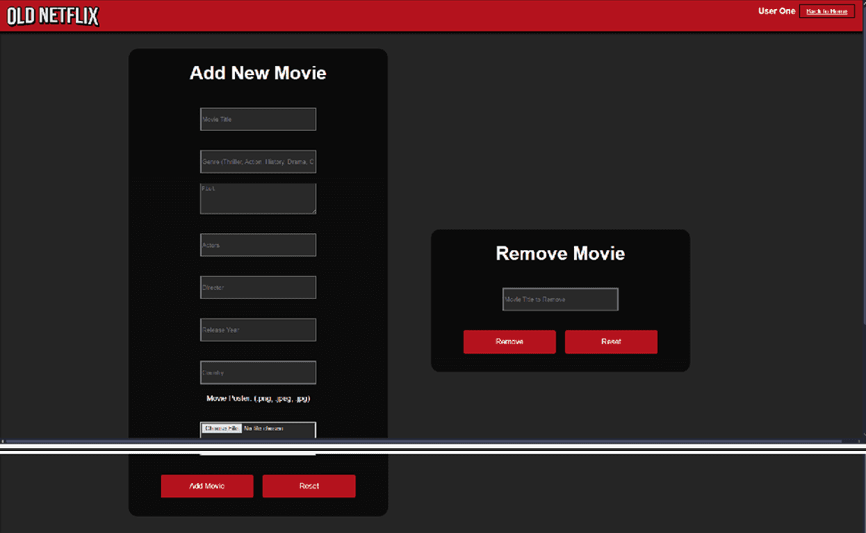 Old Netflix website administration page with add and remove movie forms.