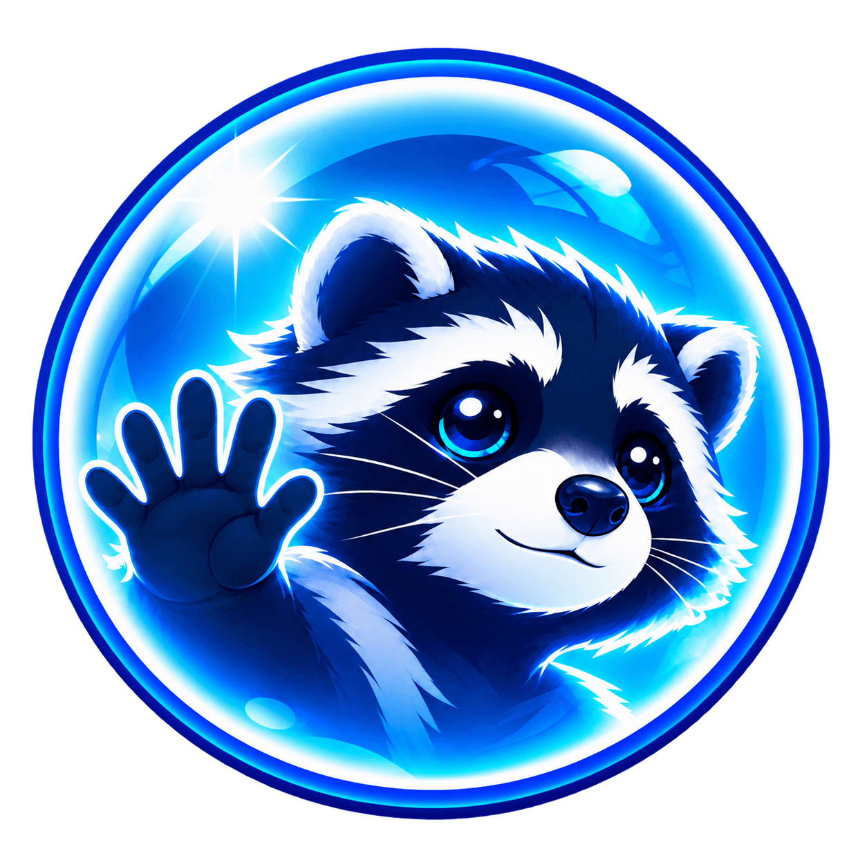 Waving neon raccoon inside a glossy blue bubble