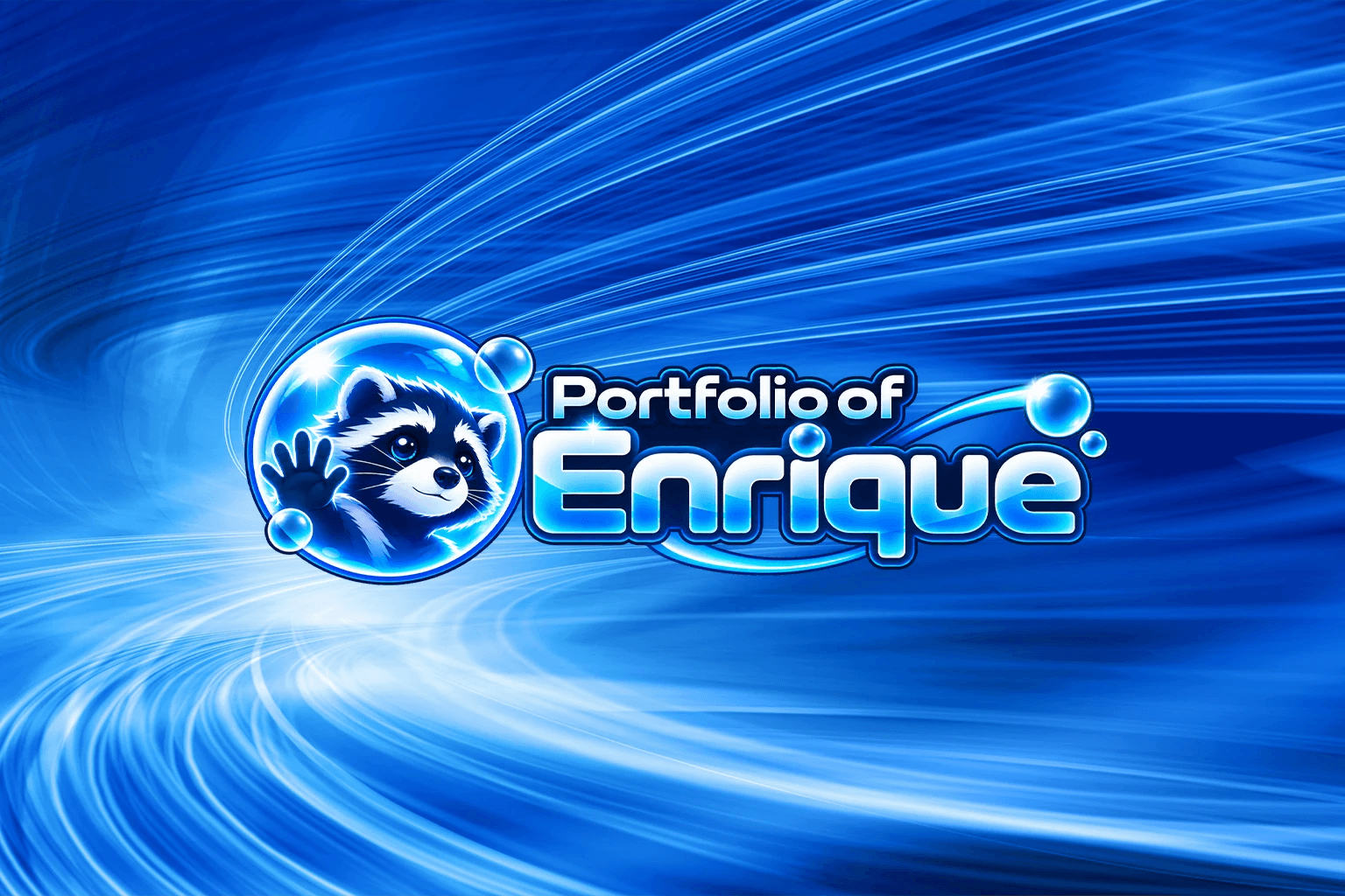 Portfolio of Enrique logo with a blue raccoon in a bubble over a flowing blue background