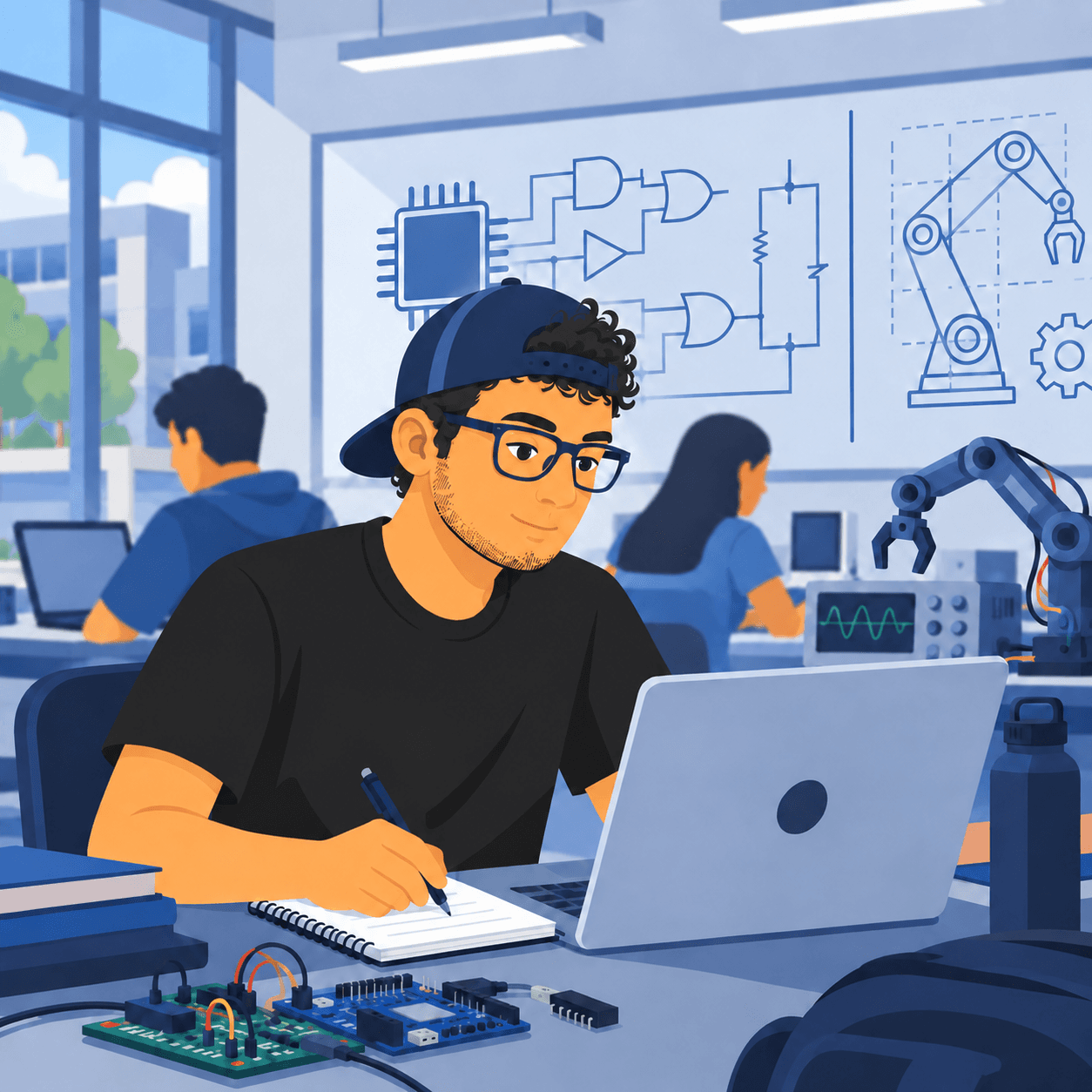 Computer engineering student working in an electronics and robotics lab