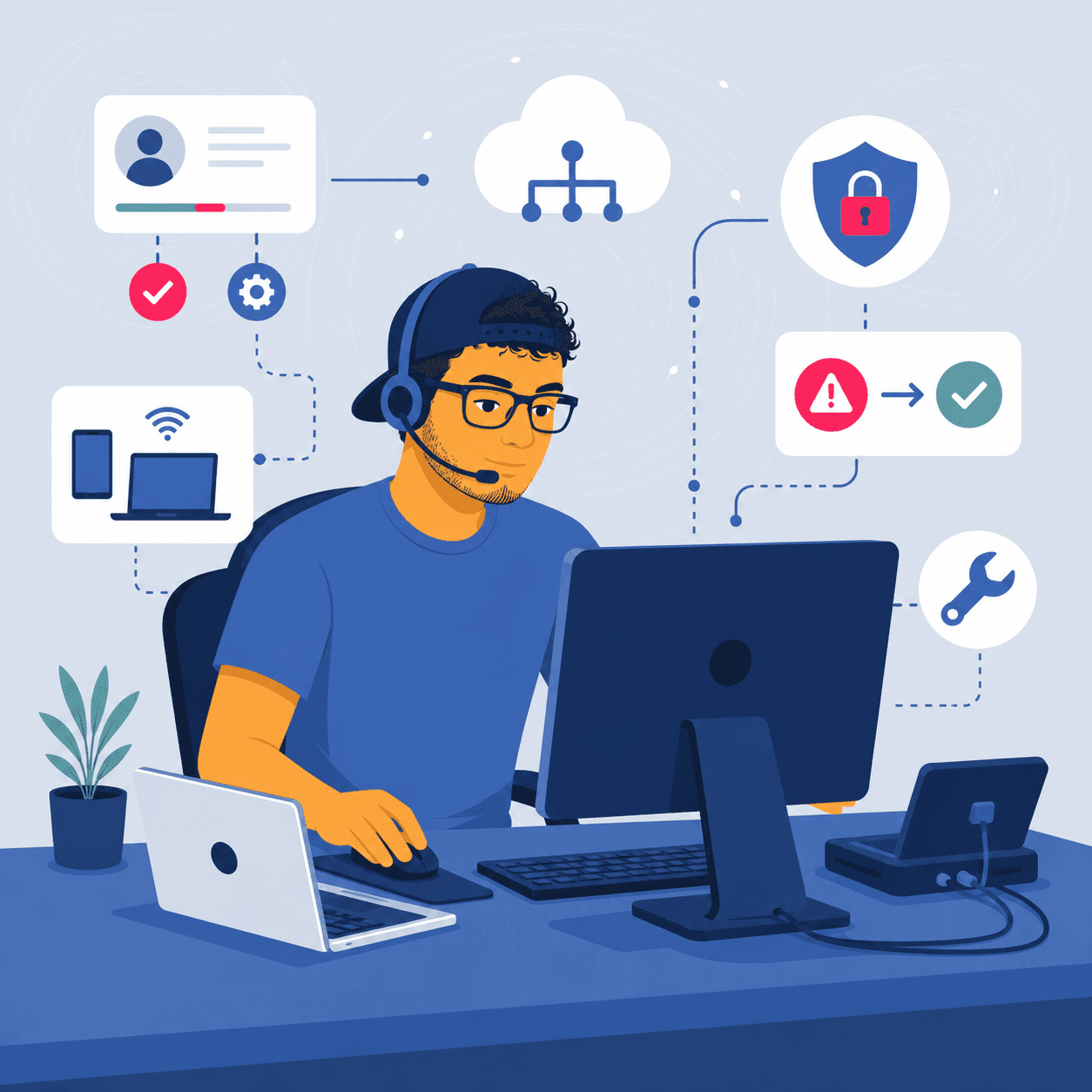 Illustration of an IT associate providing technical support at a desktop workstation