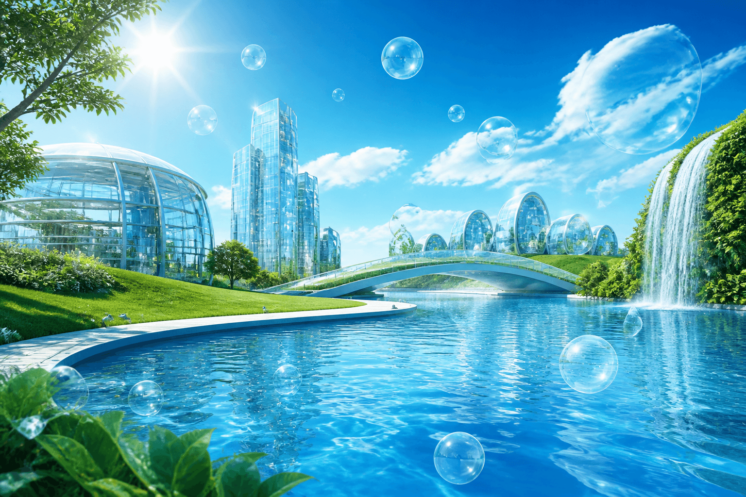A bright turquoise lagoon surrounded by green hills, glass architecture, and floating bubbles