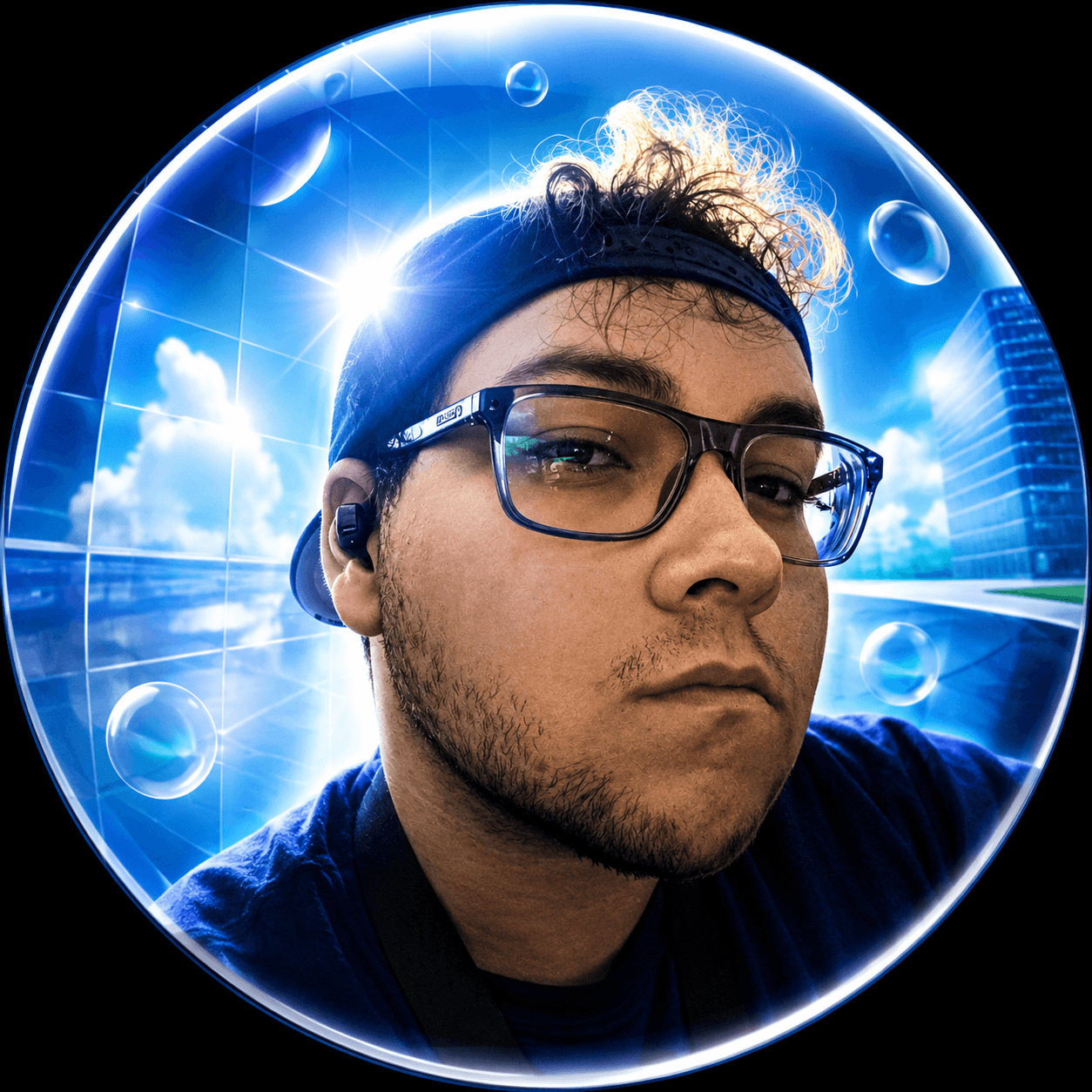 Portrait of Enrique Reyes wearing glasses and a backwards cap